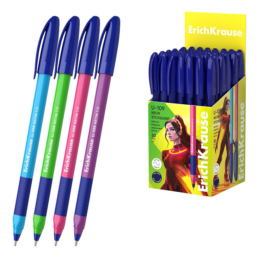 Ручка шариковая ErichKrause U-109 Stick&Grip Neon 1.0, Ultra Glide Technology, цвет чернил синий