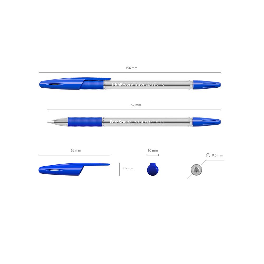 Ручка шариковая ErichKrause R-301 Stick&Grip Classic 1.0, цвет чернил синий