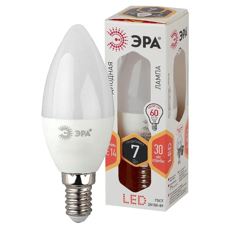 Лампа светодиодная Эра 7W E14 2700k тепл.бел.свеча LED B35-7W-827-E14