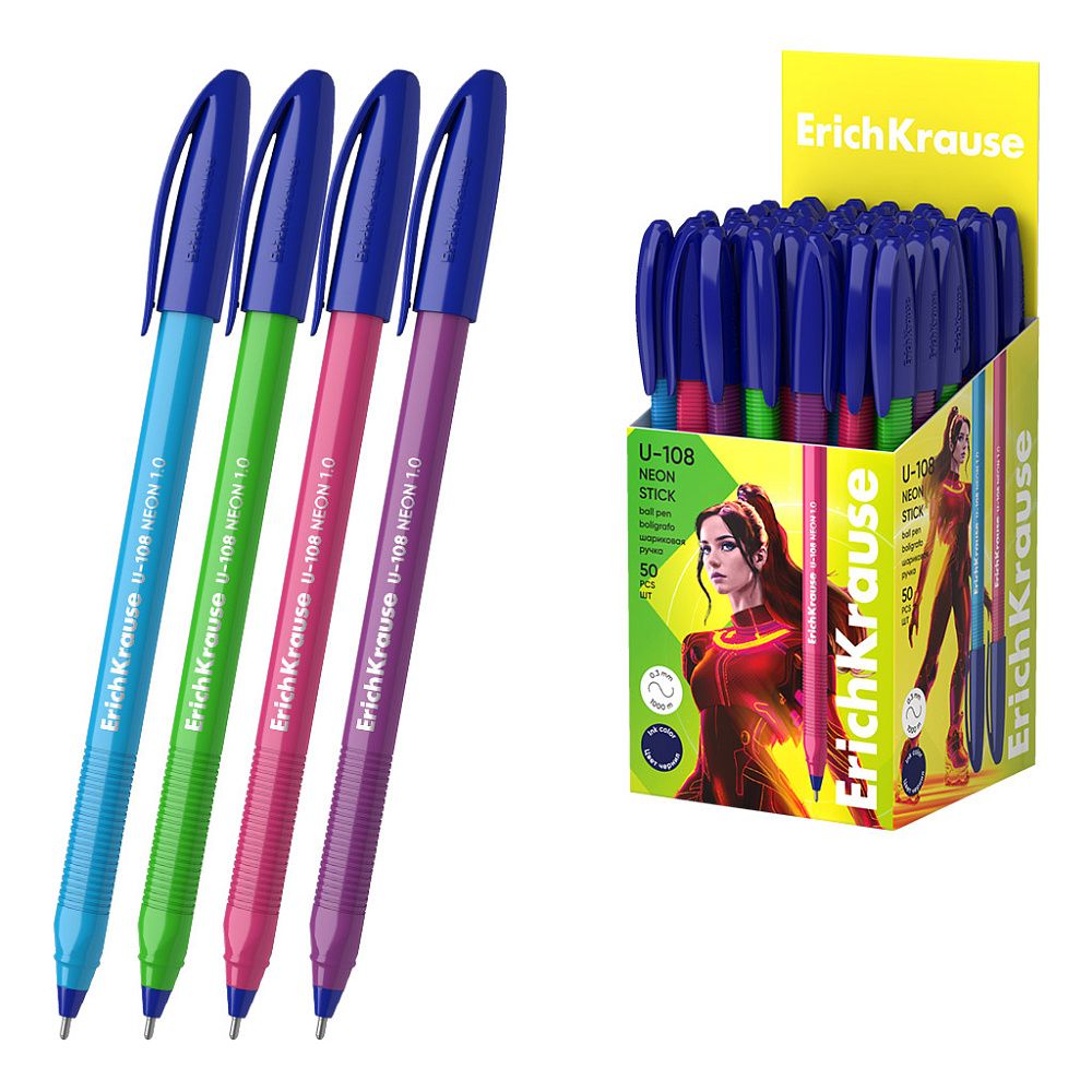 Ручка шариковая ErichKrause U-108 Stick Neon 1.0, Ultra Glide Technology, цвет чернил синий