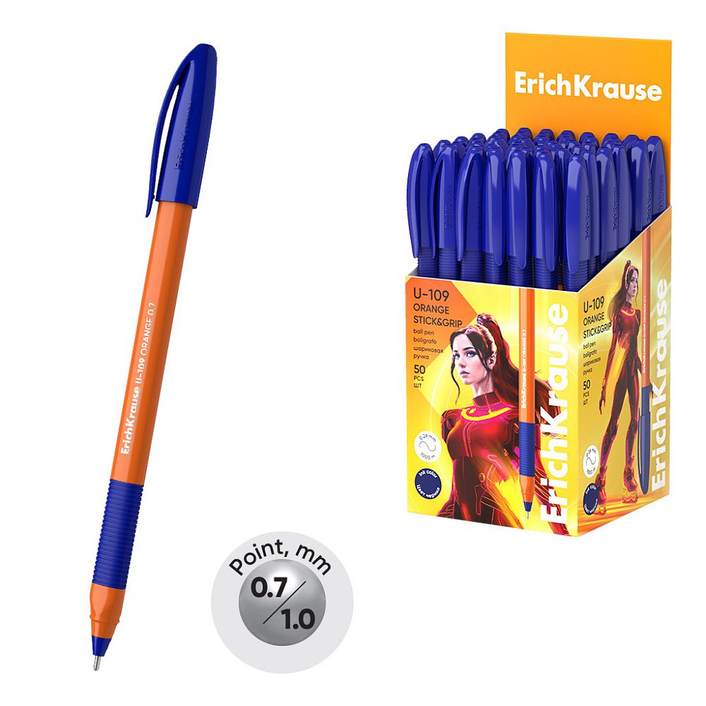 Ручка шариковая ErichKrause U-109 Stick&Grip Orange 0.7, Ultra Glide Technology, цвет чернил синий