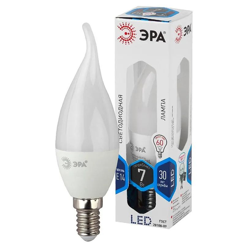 Лампа светодиодная   Эра 7W E14 4000k свеча на ветру LED smd BXS-7W-840-E14