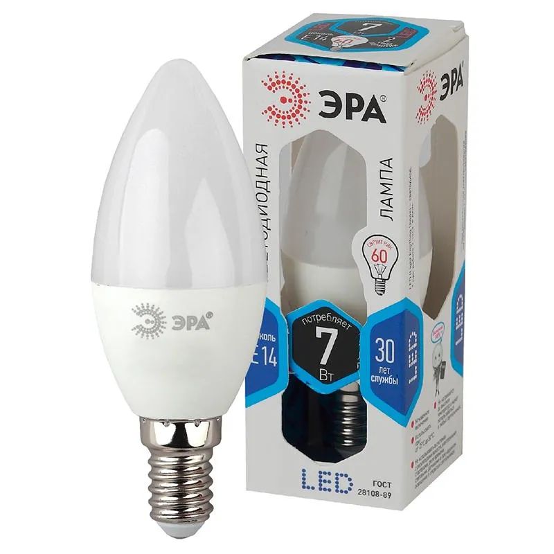 Лампа светодиодная Эра 7W E14 4000k нейт.бел.свеча LED B35-7W-840-E14