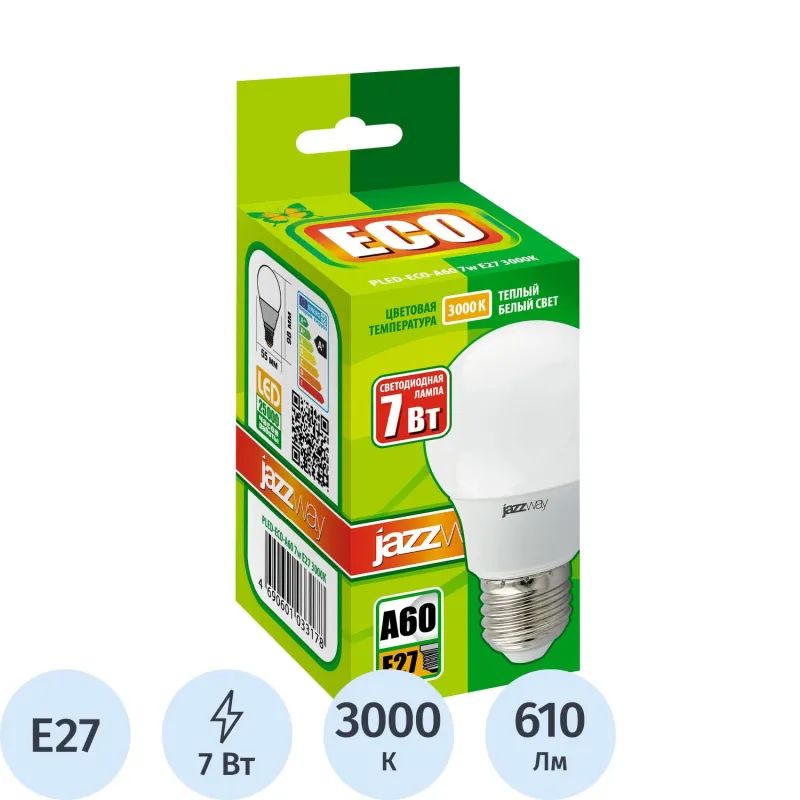 Лампа светодиодная PLED- ECO- A60  7w E27 3000K 220V/50Hz  Jazzway груша