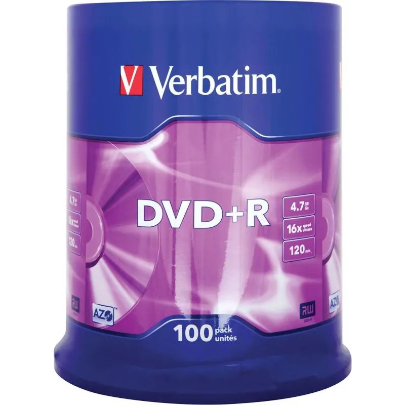 Носители информации DVD+R, 16x, Verbatim Azo Matt Silver, Cake/100, 43551