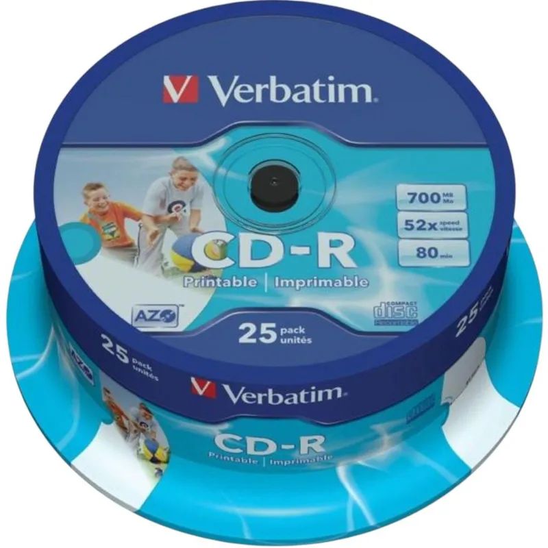Носители информации CD-R Printable, 52x, Verbatim Azo Wide, Cake/25, 43439