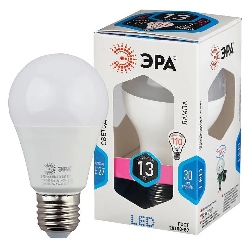 Лампа светодиодная Эра 13W E27 4000k нейт.бел. ст.колба LED A60-13W-840-E27