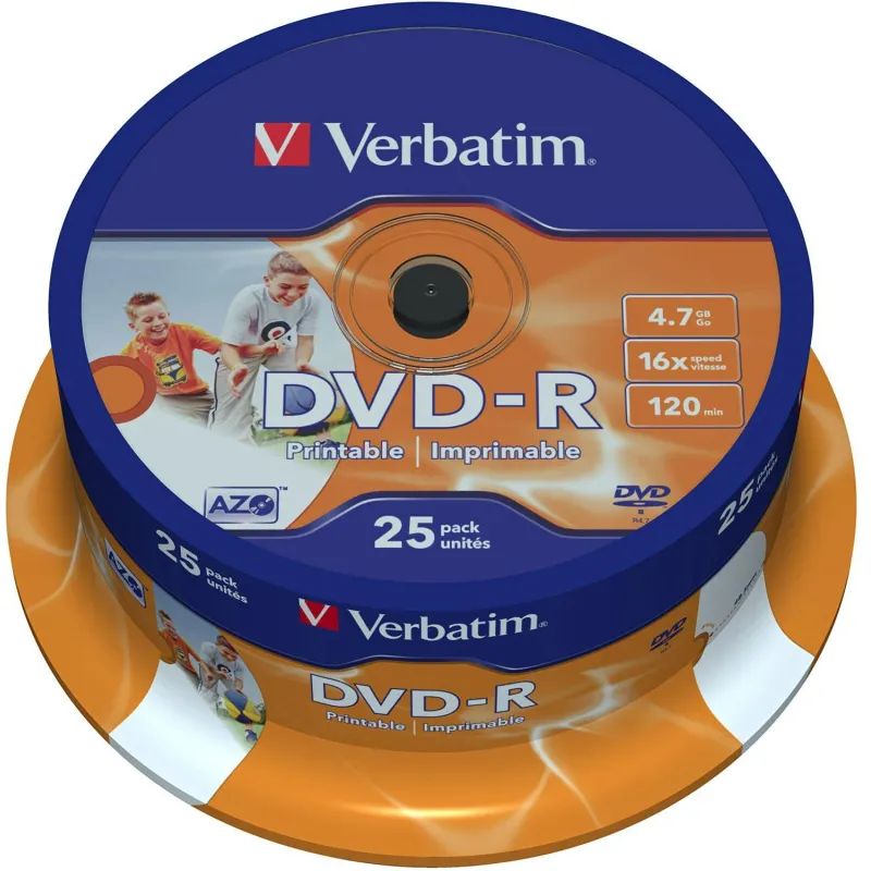 Носители информации DVD-R Printable, 16x, Verbatim Azo Wide, Cake/25, 43538