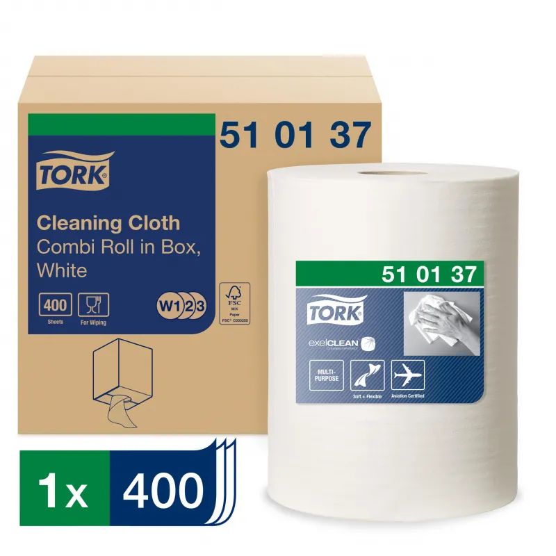 Материал протирочный нетканый Tork W1/W2/W3 400лx1рул/кор, белый 510137