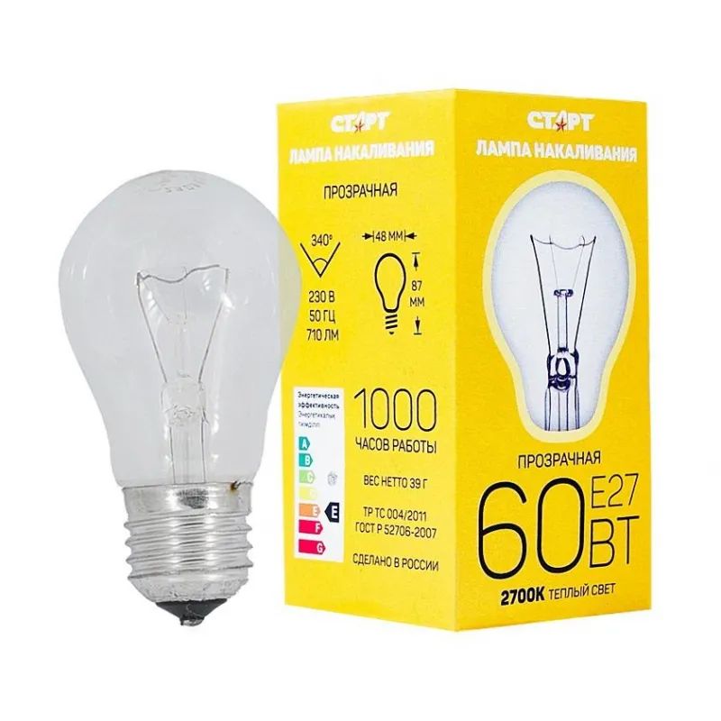 Лампа накаливания СТАРТ стандартная/прозрачная 60W E27