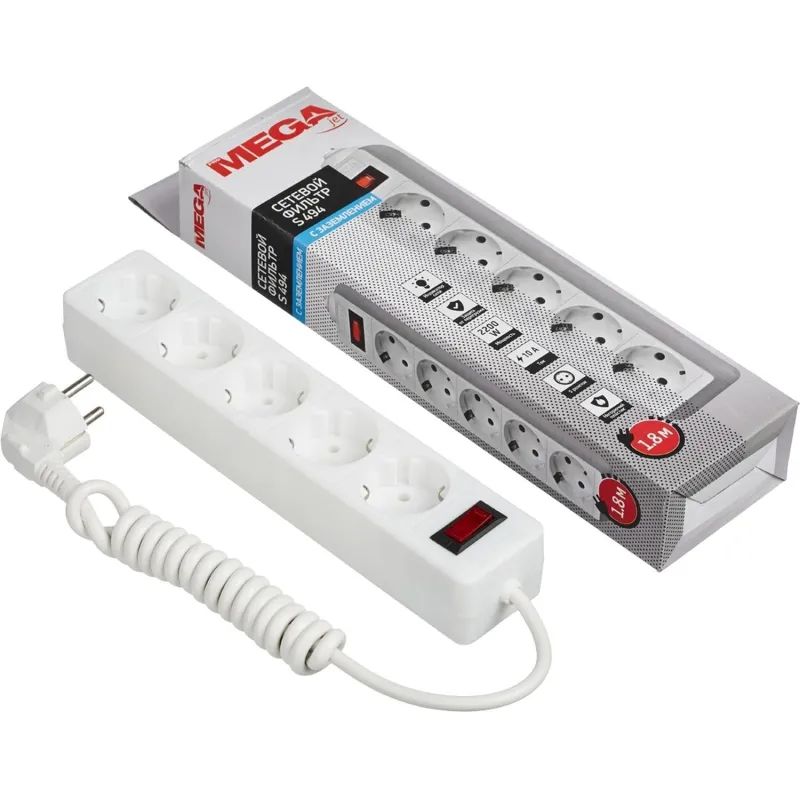 Сетевой фильтр Promega jet 5/1,8м с зазем,10А,2200 Вт,автомат предохр,белый