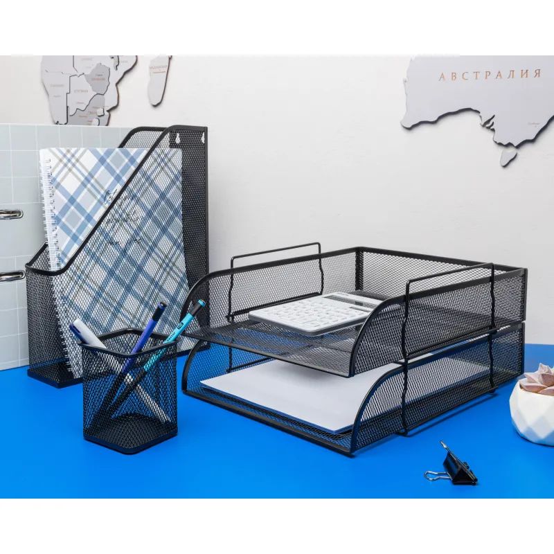 Лоток горизонтальный для бумаг Attache 83x340x268мм металл сетка черный