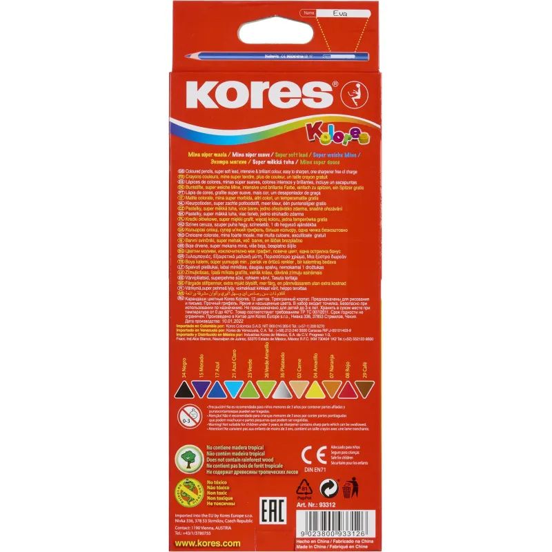 Карандаши цветные 12цв 3-гран,точилка Kores 93312.01