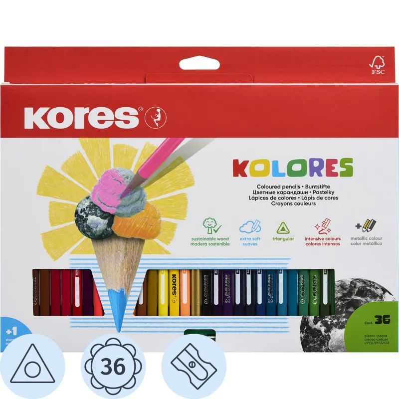 Карандаши цветные 36цв 3-гран,точилка Kores 93336.01