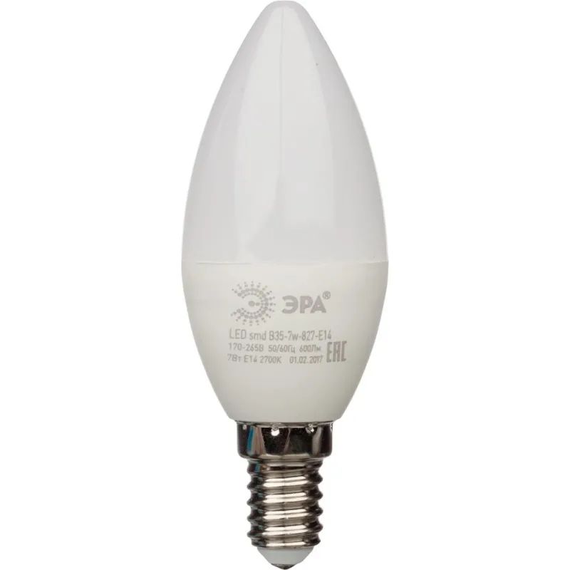 Лампа светодиодная Эра 7W E14 2700k тепл.бел.свеча LED B35-7W-827-E14