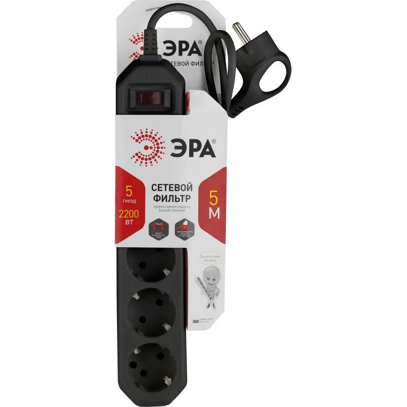 Сетевой фильтр ЭРА, 5 роз/5м/10А/2200Вт, с заземл, черный, USF-5es-5m-B