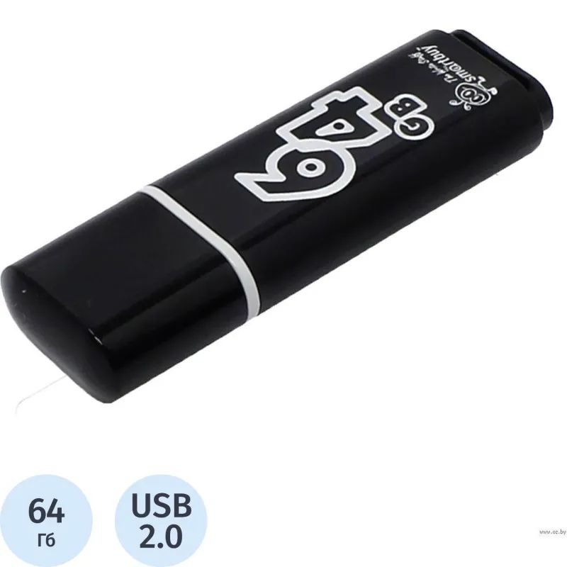 Флеш-память Smartbuy Glossy, 64Gb, USB 2.0, чер, SB64GBGS-K
