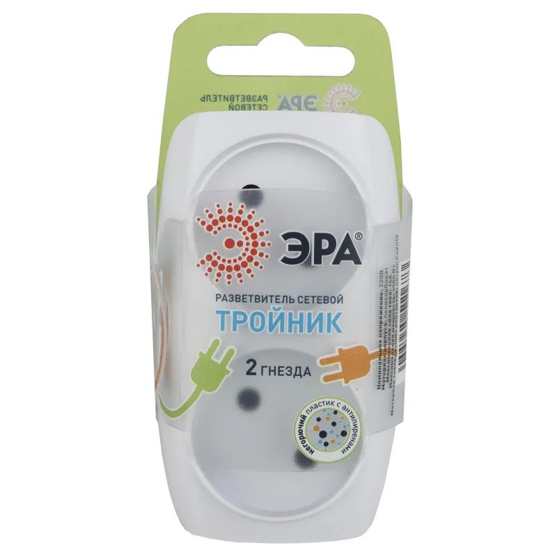 Тройник ЭРА, 2 роз/16А/3500Вт, без заземл, белый, SP-2-W