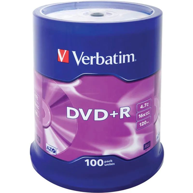 Носители информации DVD+R, 16x, Verbatim Azo Matt Silver, Cake/100, 43551