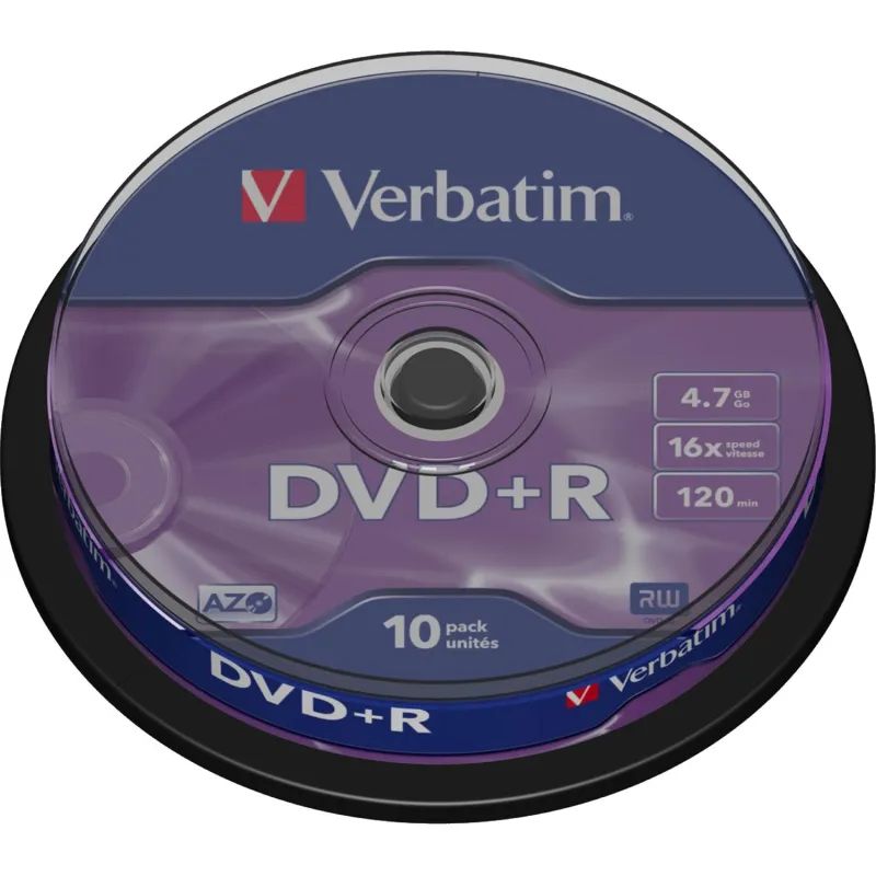 Носители информации DVD+R, 16x, Verbatim Azo Matt Silver, Cake/10, 43498