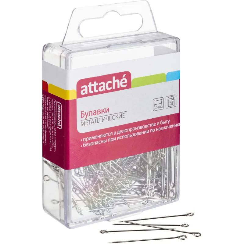 Булавки металлич. 30 мм ATTACHE Б35, 500шт/уп., с подвесом
