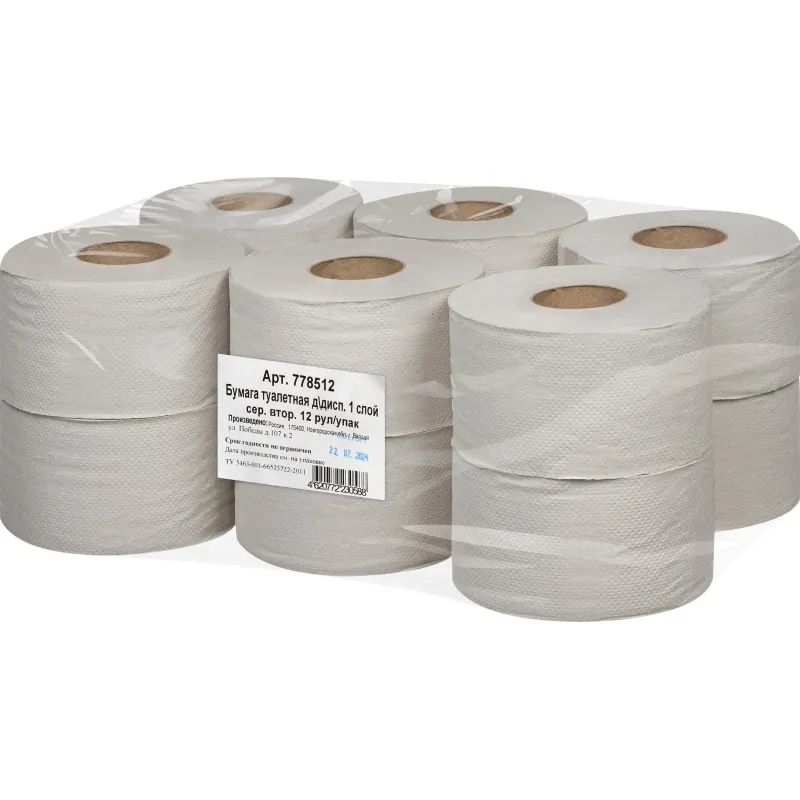 Бумага туалетная д/дисп 1сл сер втор 200ф 12рул/уп 0024А