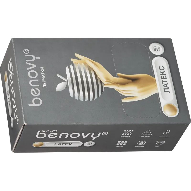 Мед.смотров. перчатки латекс., нестер., с пудрой, Benovy (L) 50 пар/уп