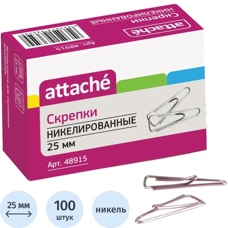 Скрепки Attache с отгибом,никелированные,треугольн,25 мм,негофрир,100 шт/уп