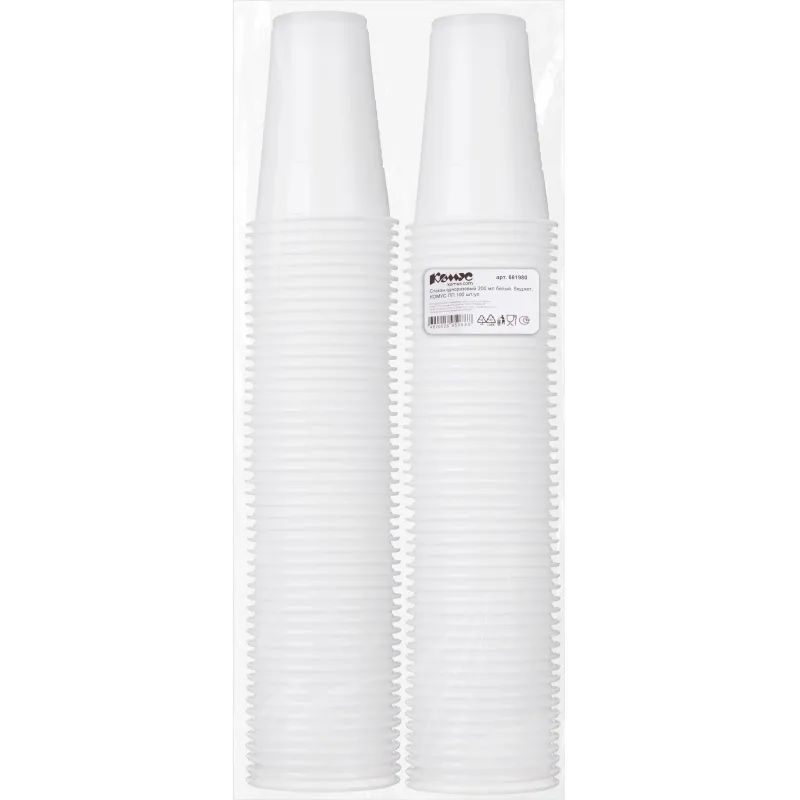 Стакан одноразовый 200мл белый, для хол/гор., бюджет, КОМУС ПП 100шт/уп