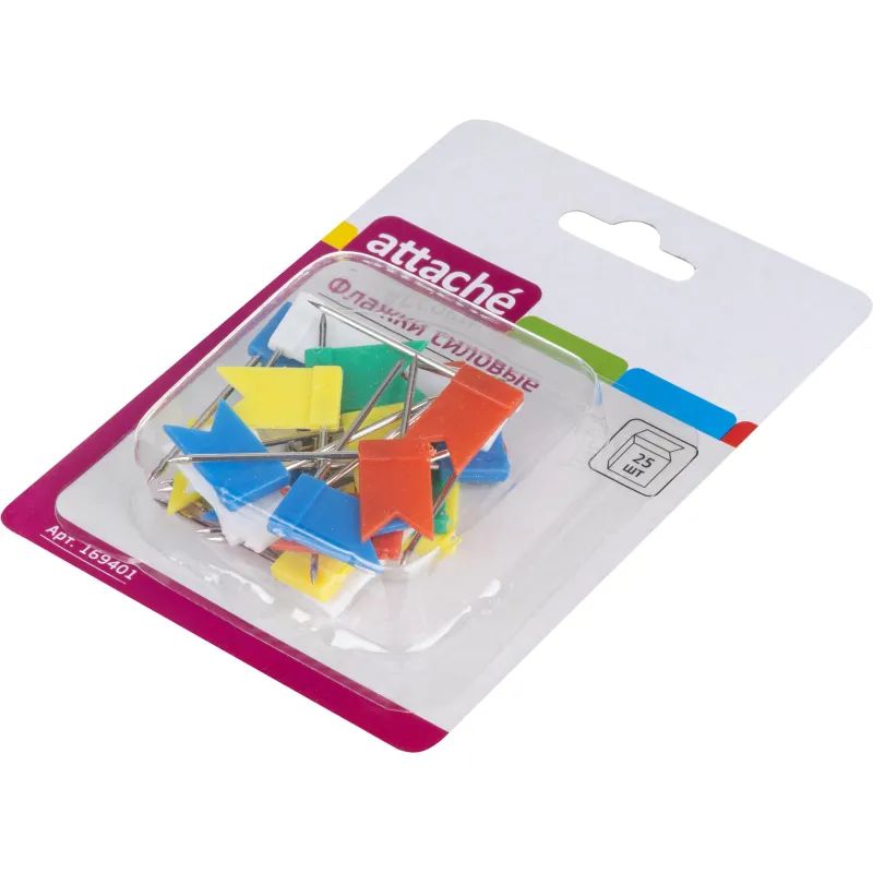 Кнопки силовые д/пробковых досок Attache ФЛАЖКИ,пластик,европ,ассор,25шт/уп
