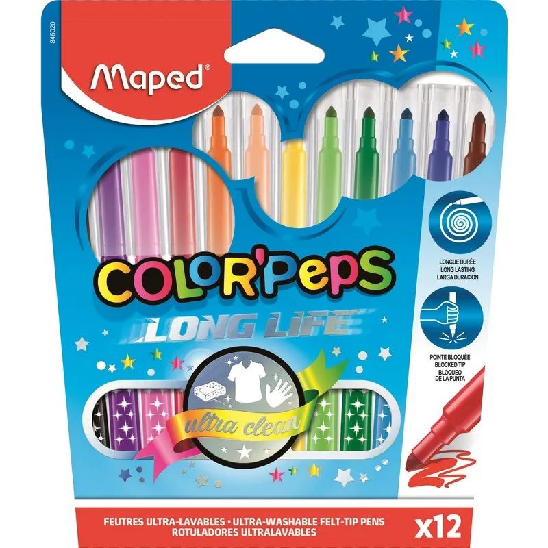 Фломастеры Maped COLOR&#039;PEPS LONG LIFE,3хгр.пиш.узел,смываем,12цв/наб,845020