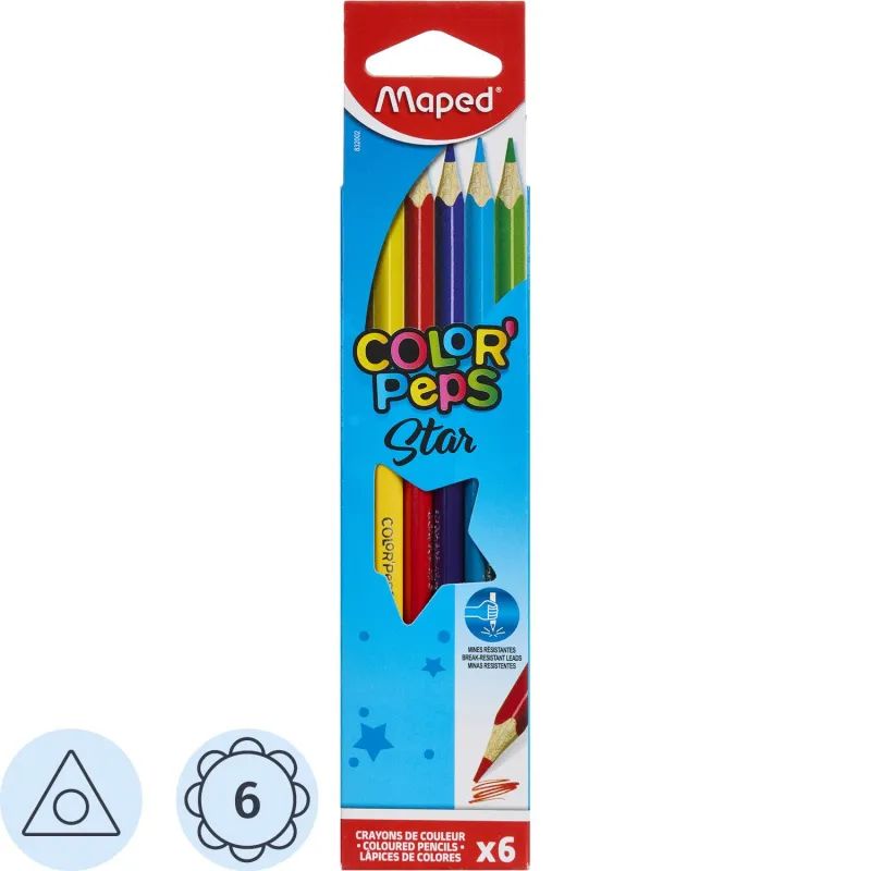 Карандаши цветные Maped COLOR&#039;PEPS STAR,трехгранные,дерево,6 цв/наб,832002