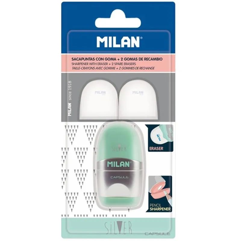Ластик-точилка Milan CAPSULE SILVER+2 зап.ластика, цв в асс, блистBYM10356