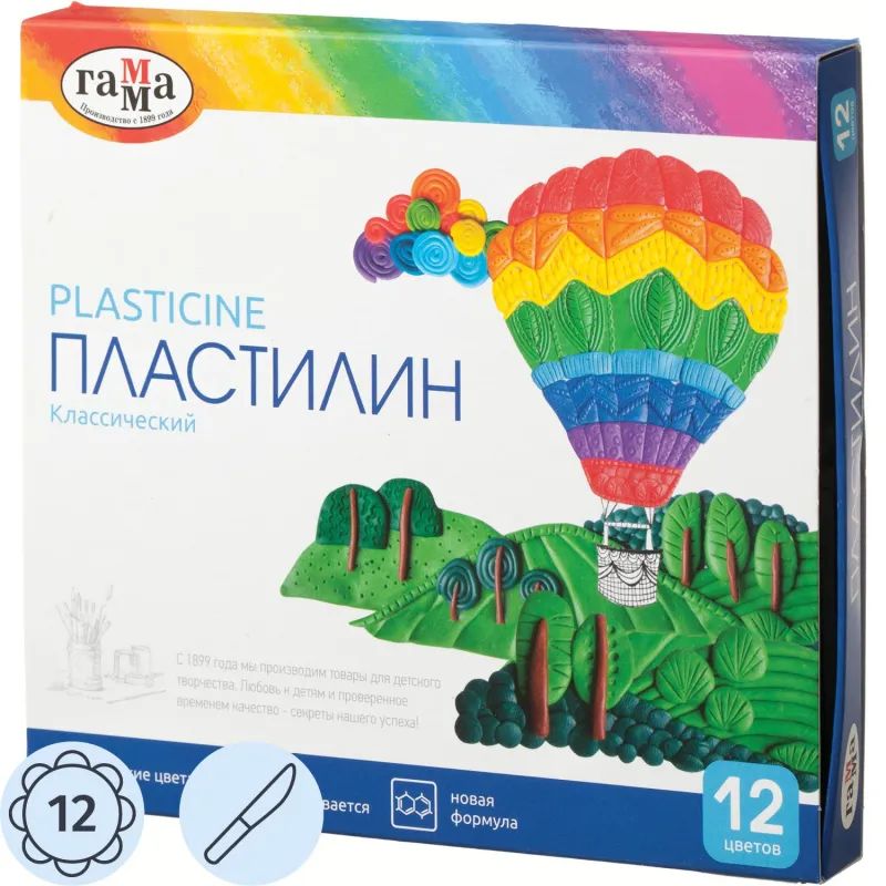 Пластилин классический Гамма КЛАССИЧЕСКИЙ 12 цв 240 г со стеком, 281033
