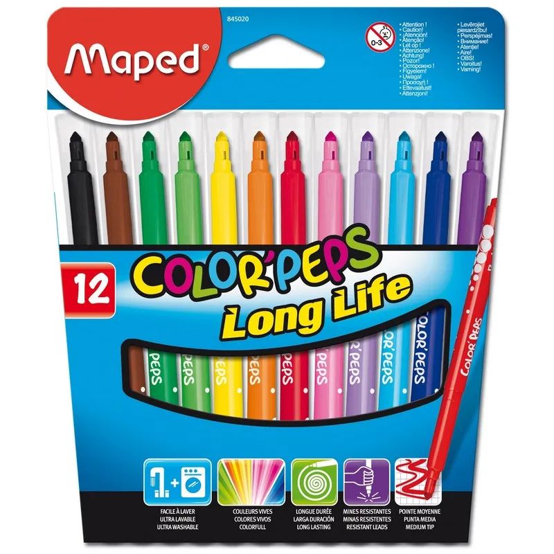 Фломастеры Maped COLOR&#039;PEPS LONG LIFE,3хгр.пиш.узел,смываем,12цв/наб,845020