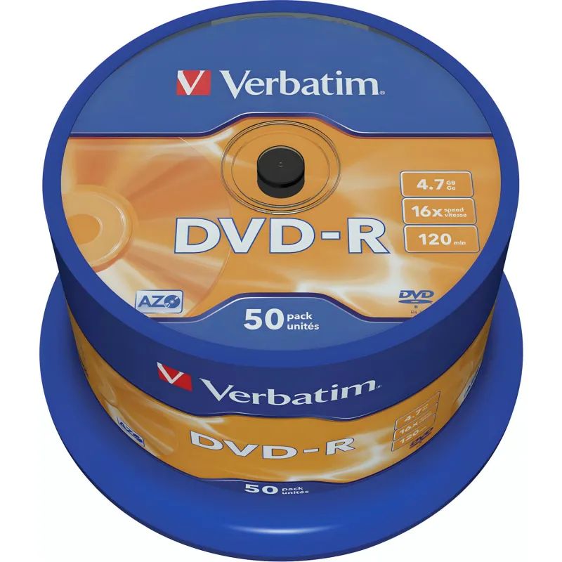 Носители информации DVD-R, 16x, Verbatim Azo Matt Silver, Cake/50, 43548