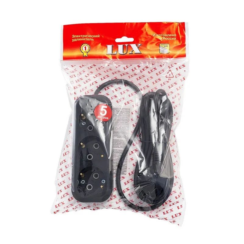 Удлинитель LUX У3-Е-05 3-местный с з/к, 250В 16А, 5м, черный