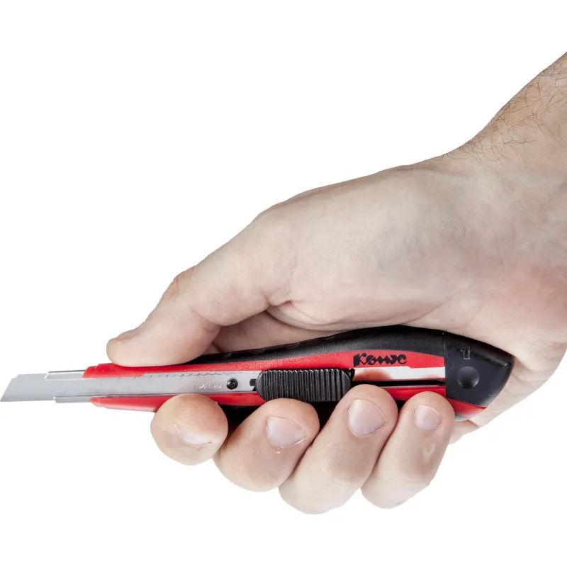 Нож канцелярский 9 мм КОМУС, с фиксатором, мет.направл.цв. в ассорт.