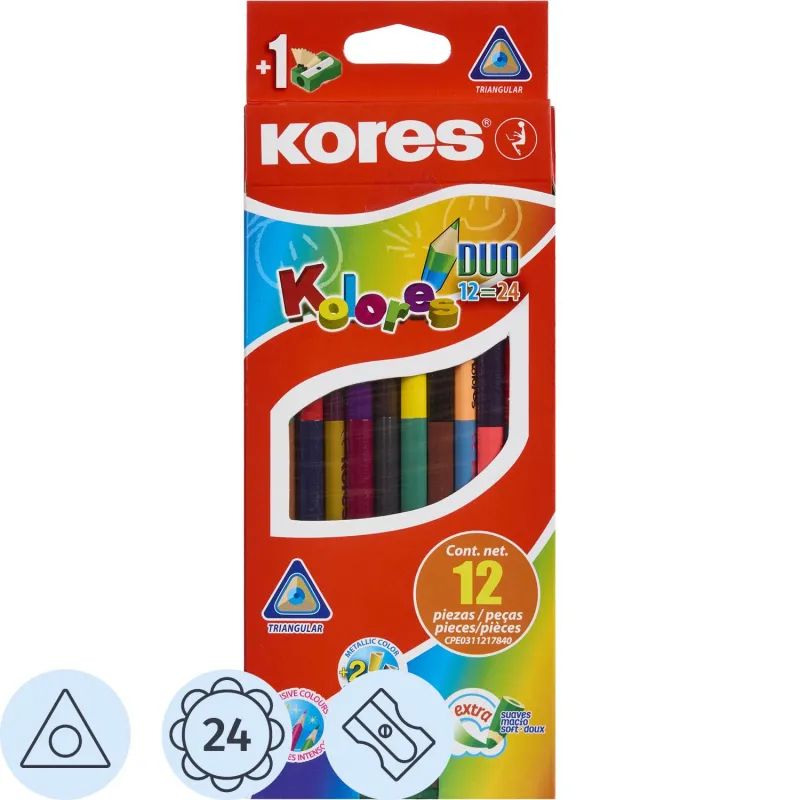 Карандаши цветные 24цв 12шт 3-гран,двустор с точилкой Kores 93212.