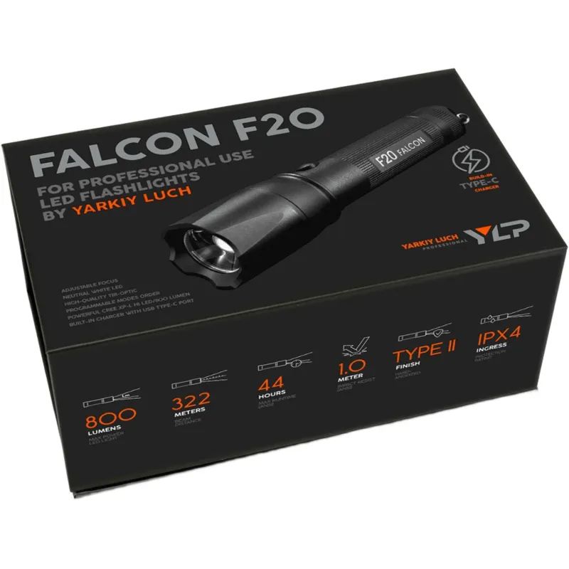 Фонарь ЯРКИЙ ЛУЧ F20 Falcon CREE XP-L HI, 3 режима, аккум