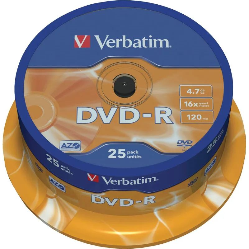 Носители информации DVD-R, 16x, Verbatim Azo Matt Silver, Cake/25, 43522