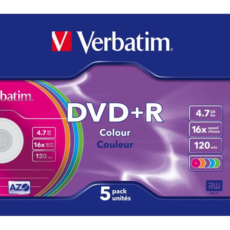 Носители информации DVD+R, 16x, Verbatim Colour, Slim/5, 43556