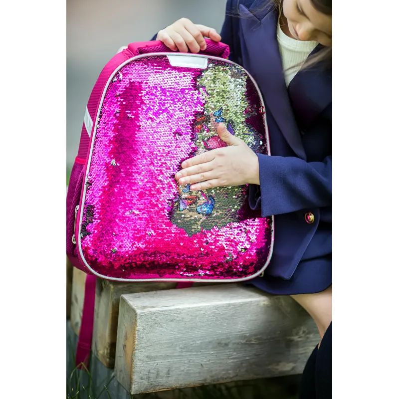 Ранец Basic Sparkle Pink,эргоном. спинка, двустор.пайетки фуксия/серебро