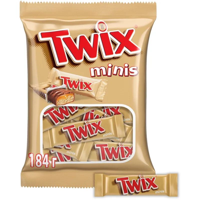 Шоколадный батончик Twix Minis с карамелью и печеньем, пакет, 184г