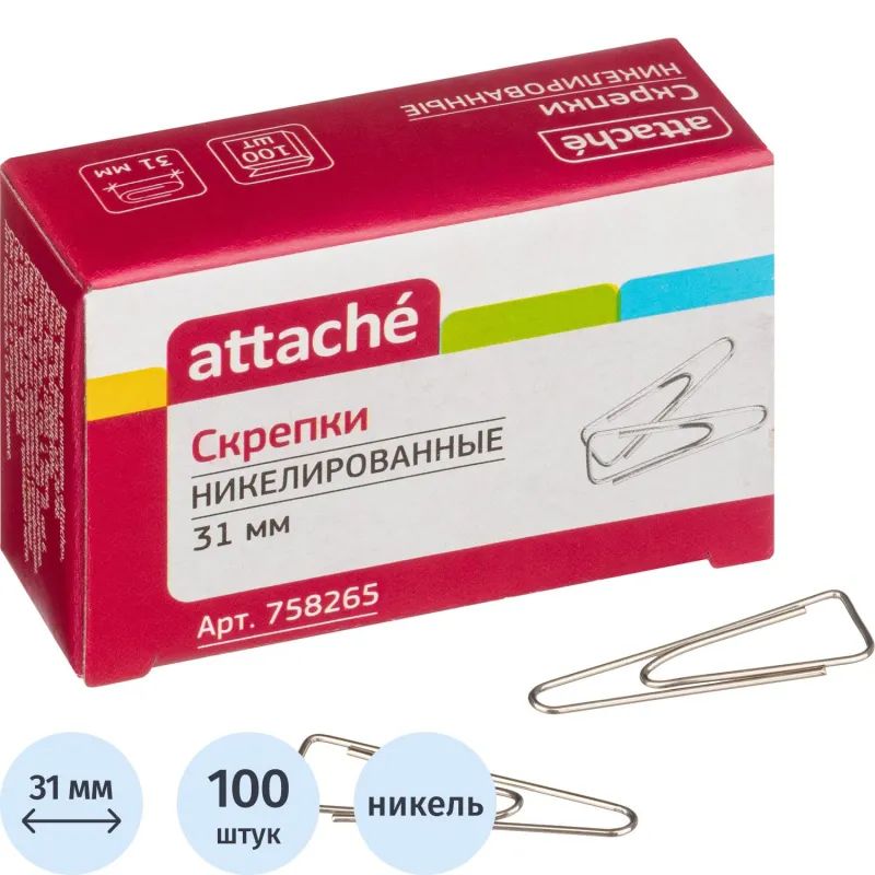 Скрепки Attache с отгибом,никелированные,треугольн,31 мм,негофрир,100 шт/уп