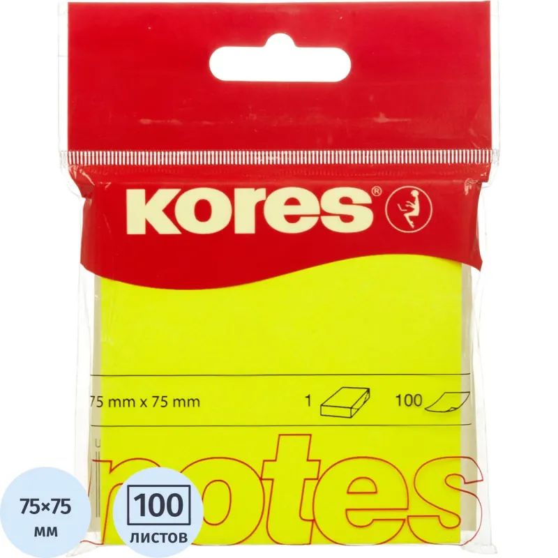 Стикеры Kores бум.для зам. 75х75 неоновая желтая 100л. &#039;47076
