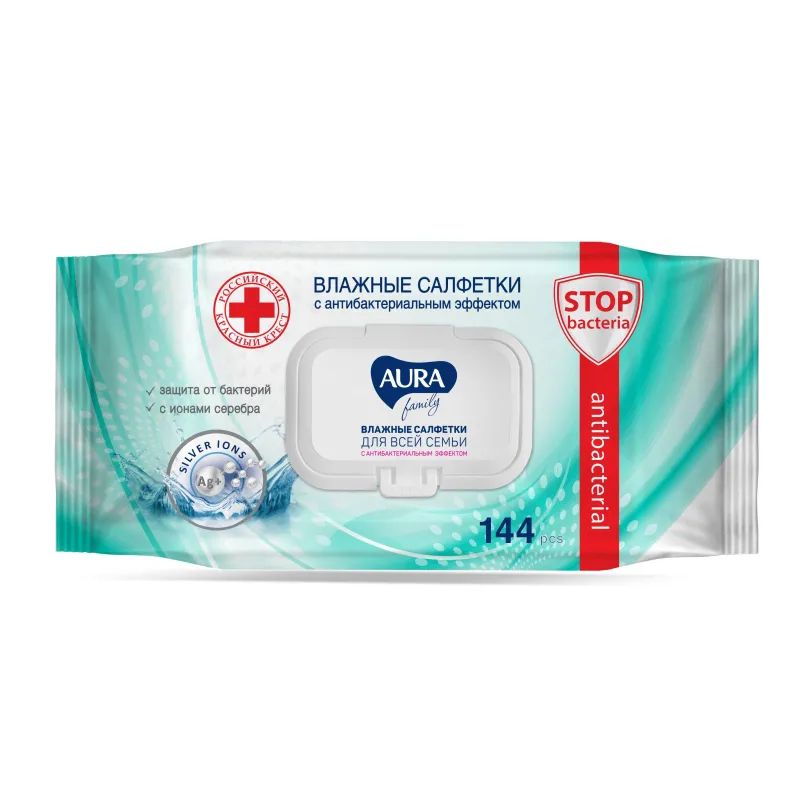 Салфетки влажные AURA FAMILY с антибактериальным эффектом с крышкой 144шт