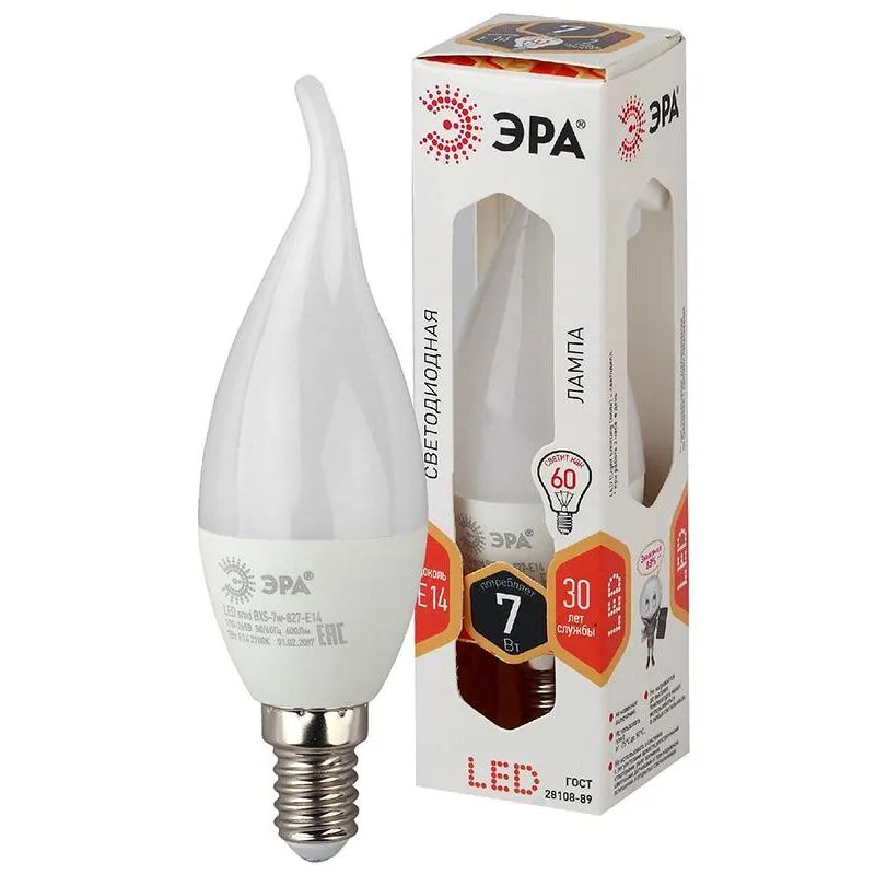 Лампа светодиодная   Эра 7W E14 2700k свеча на ветру LED BXS-7W-827-E14