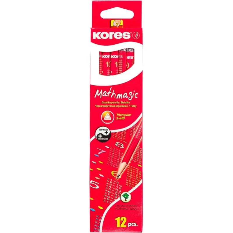 Карандаш чернографитный Kores трехгранный HB с ластиком и таблицей умножени