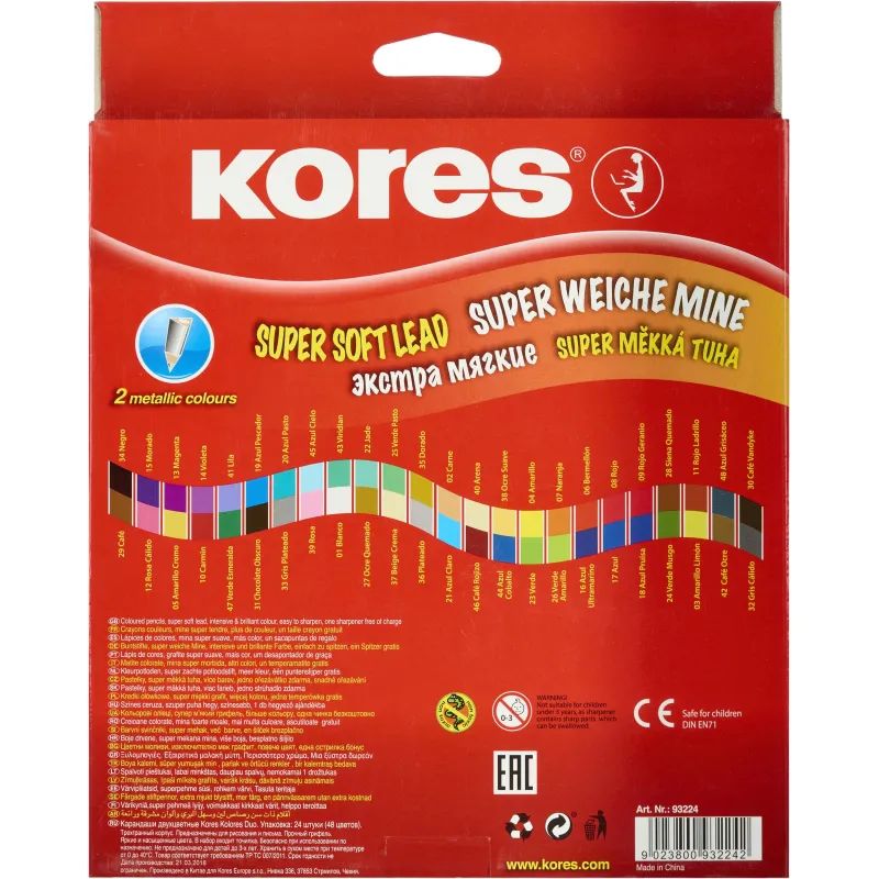 Карандаши цветные 48цв 24шт 3-гран,двустор с точилкой Kores 93224.